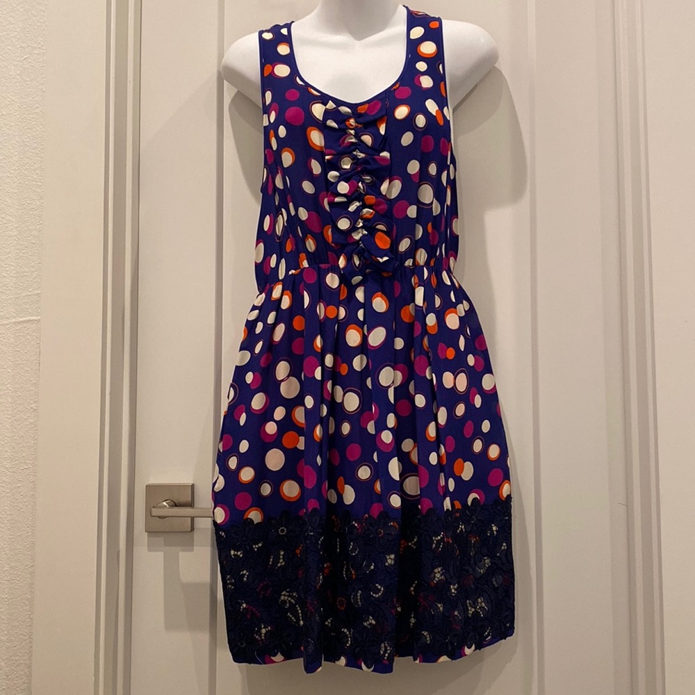 Anthropologie Moulinette Soeurs Blue Silk Ruffle Polka Dot Lace A Line Dress 6